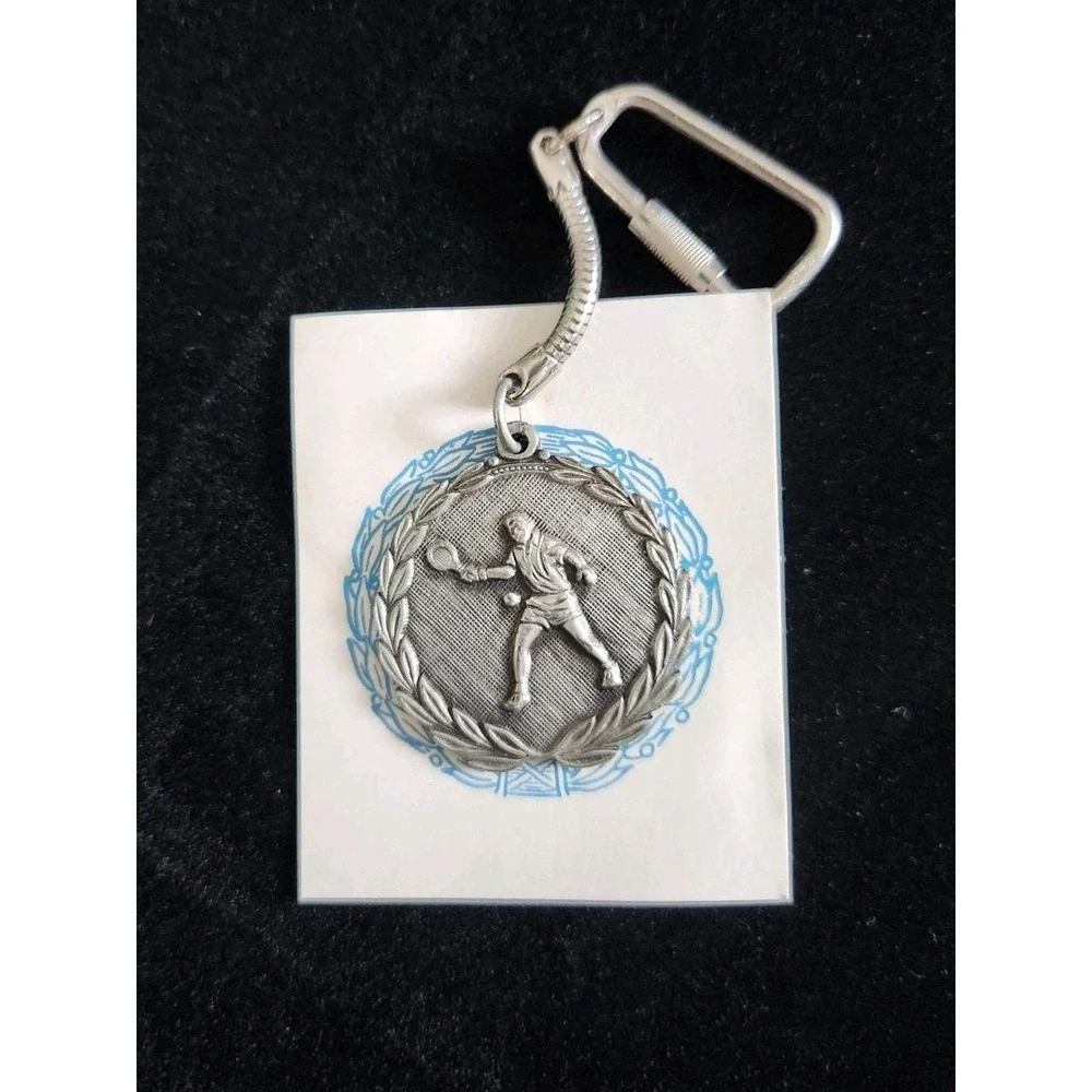 Vintage 1970 City Champ Winner Pewter Tennis Player Racket Keychain Keyring Fob